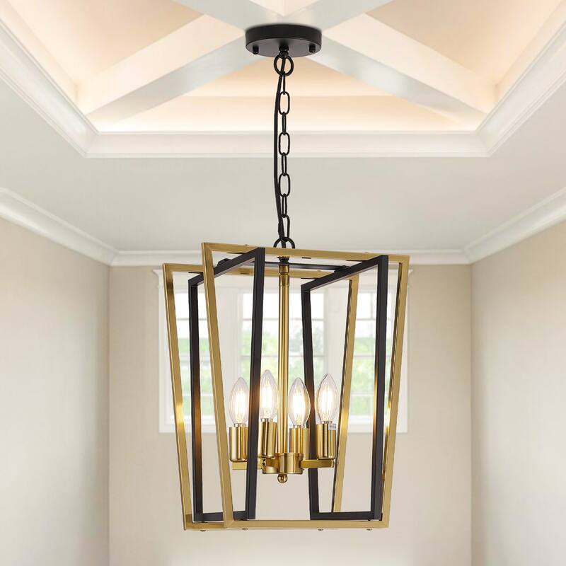12-Inch Modern Chandelier, 4 Light Lantern Chandeliers Geometric Square Dining Room Lighting Fixtures for Kitchen Islands - N/A - Black&Gold