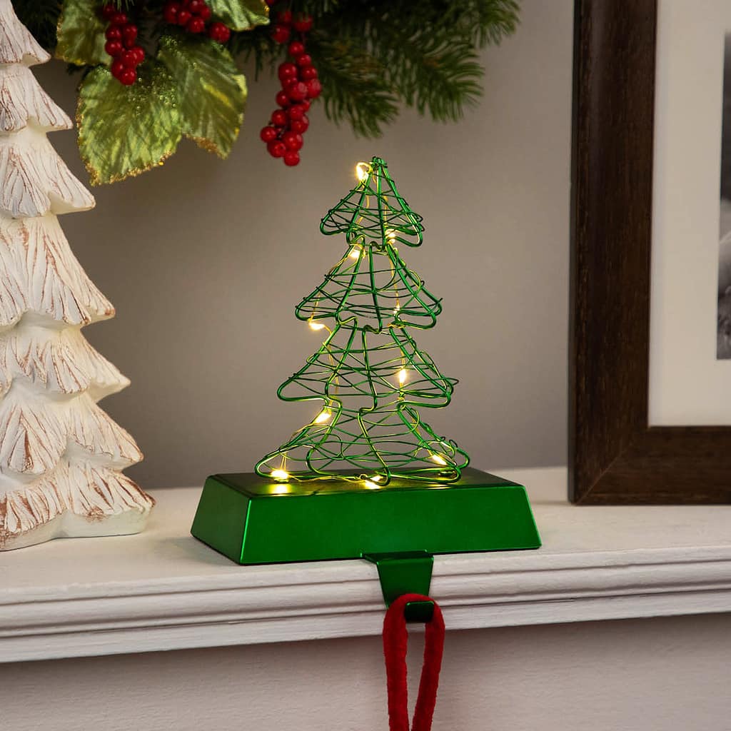 LED Lighted Wire Christmas Tree Stocking Holder - 6.75" - Green