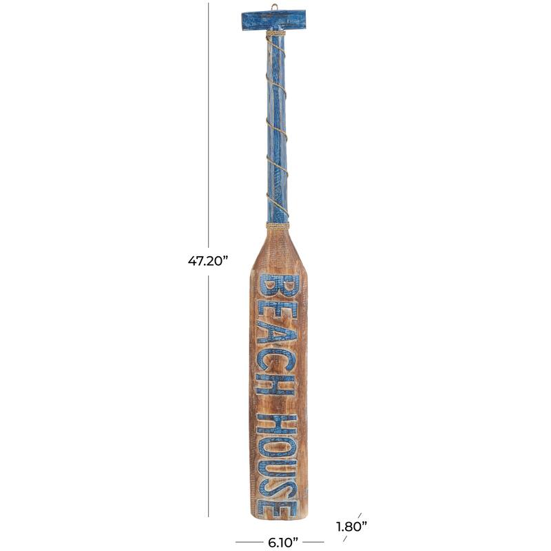 Brown Wood Beach House Sign Paddle Home Wall Decor with Blue Accents and Rope Detail