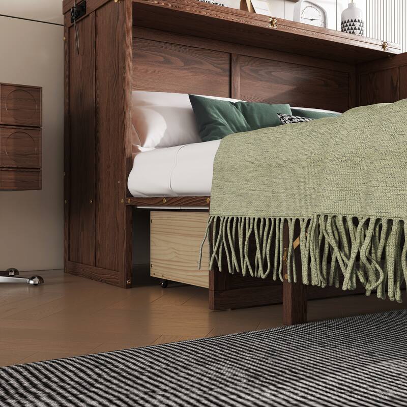 Murphy Bed Cabinet Queen with Storage Drawer and Charging Station, USB Port, Solid Pine Murphy Bedframe for Home Office