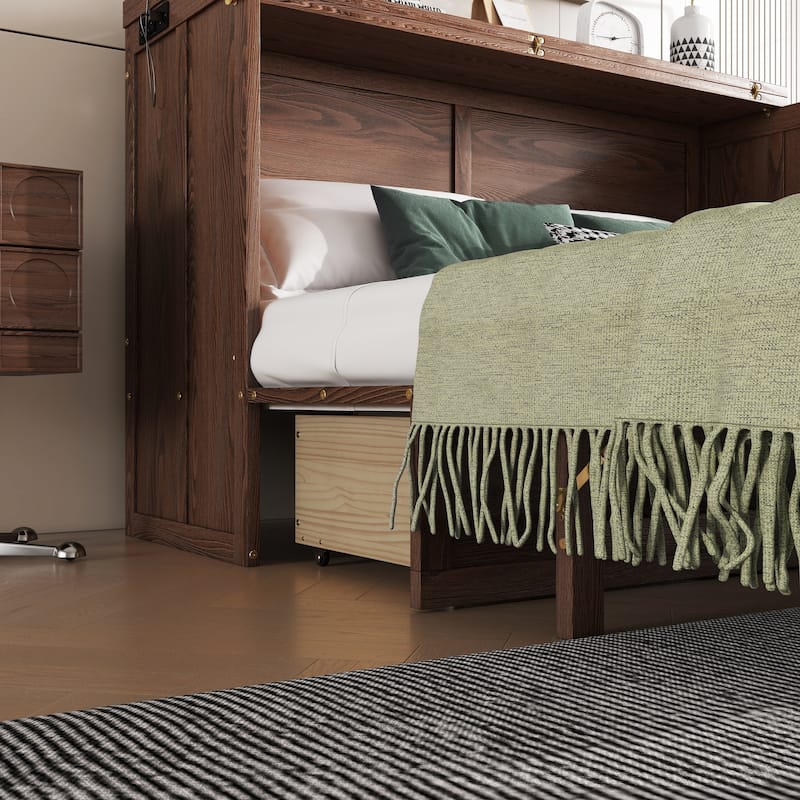 Roomfitters Queen Murphy Bed Cabinet with Storage Compartment, Charging Station with USB, Solid Pine Wall Bed