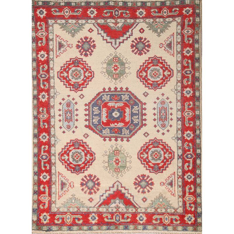 Kazak Accent Rug Hand-Knotted Geometric Beige Wool Carpet - 2'9" x 4'1"