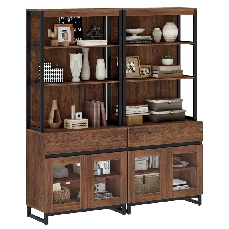 2 PCS Modern 72" Tall Buffet Cabinet with 2 Drawers and Open Shelves, Storage Cabinet for Dining Room or Kitchen