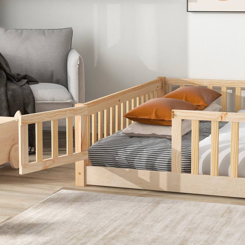 Floor Platform Bed with Fence Guardrails and Door