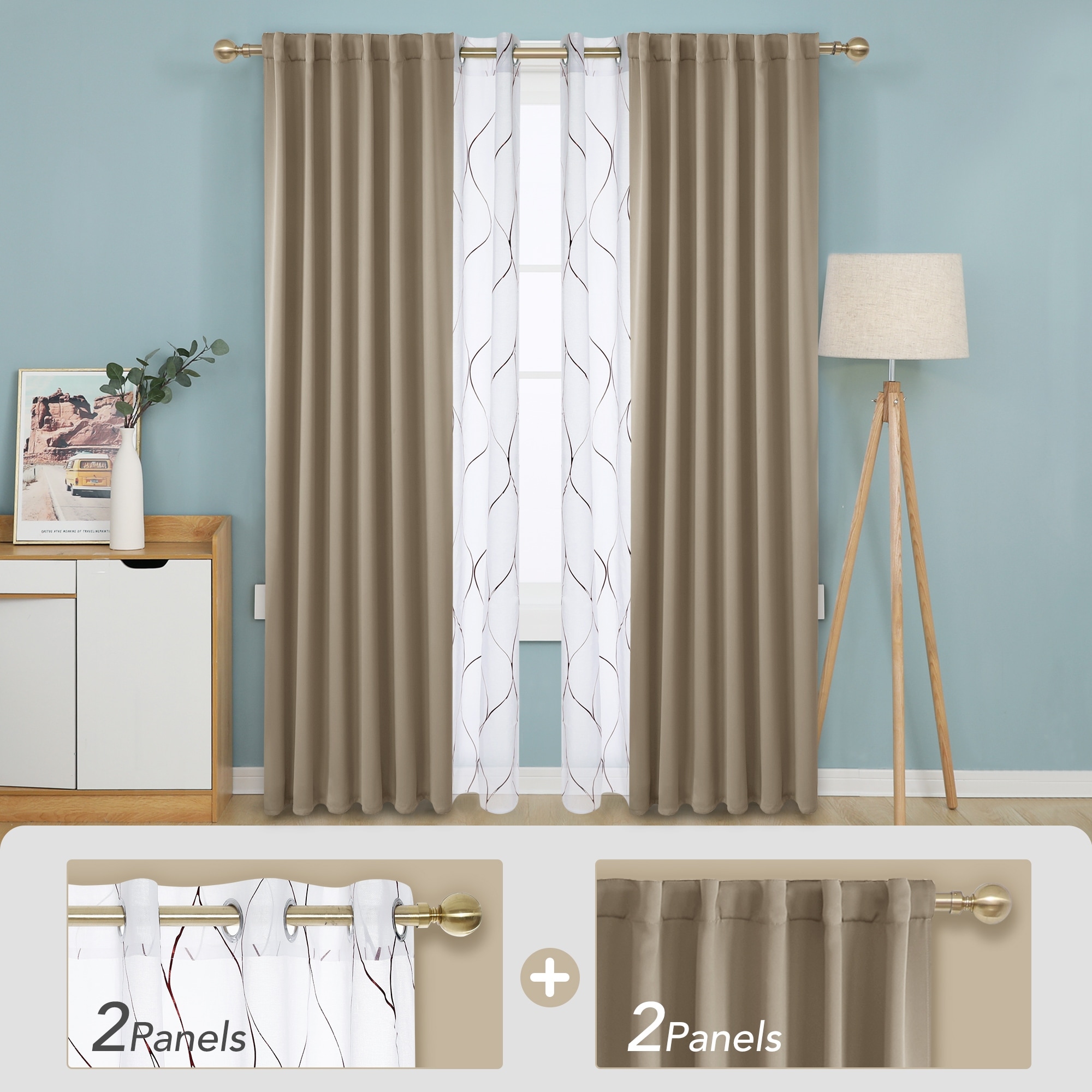 Deconovo Mix & Match Blackout and Bronze Print White Sheer 4 Piece Curtain Panel Set