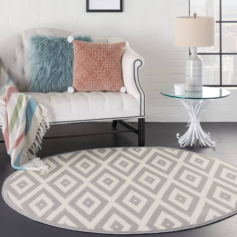 Nourison Grafix Modern Geometric Area Rug - 5'3" Round - White/Grey - Round