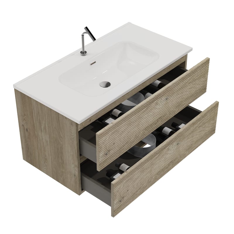 Wall Mounted Bathroom Vanity with Integrated Ceramic Sink with Overflow - Oak