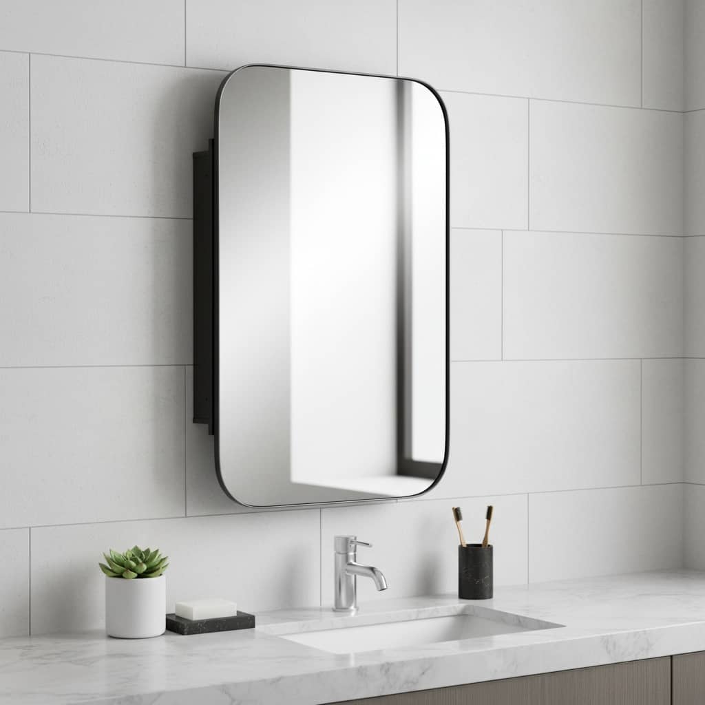 HomeRoots 24" Black Metal Framed Bathroom Vanity Mirror With Cabinet - 16.00 in. x 24.00 in. x 2.00 in.