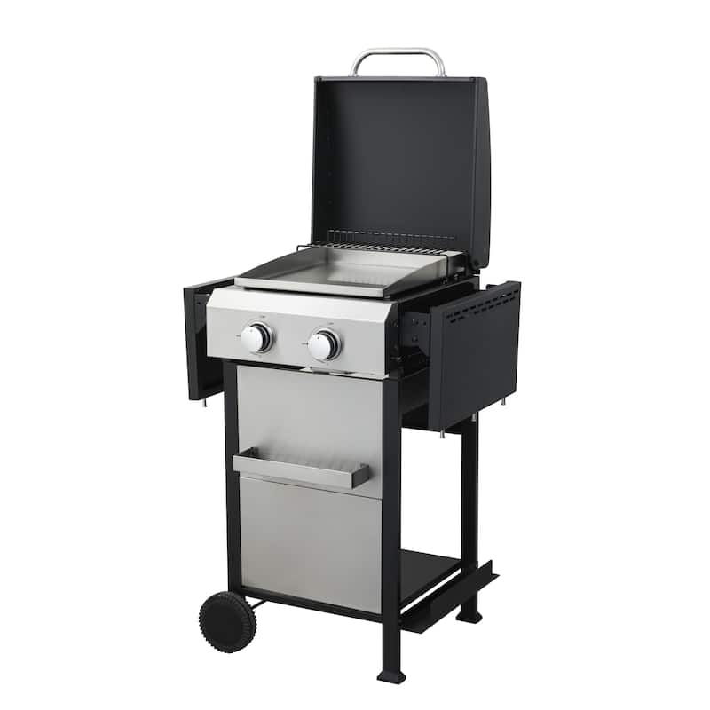 2-Burner Propane Gas BBQ Grill, SS Plancha, 24600BTU Output With Wire Enamel Cooking Grids For Outdoor Barbecue