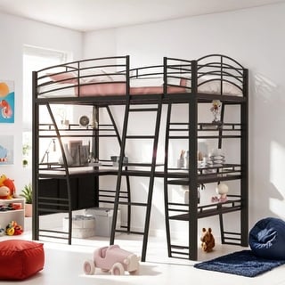 Stylish Twin Size Loft Bed with 4 Layers of Shelves, L-shaped Desk, a set of Sockets, USB Ports and and Wireless Charging, Black