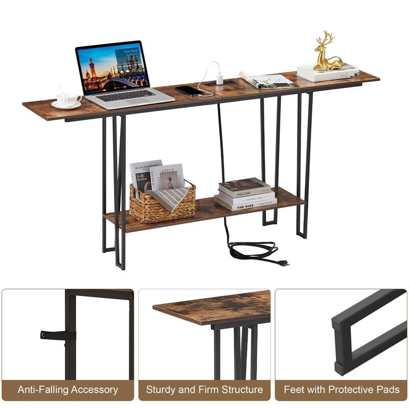 Console Table with Outlets for Entryway, Sofa Table with Wood Shelves, Industrial Entryway Table Foyer Table