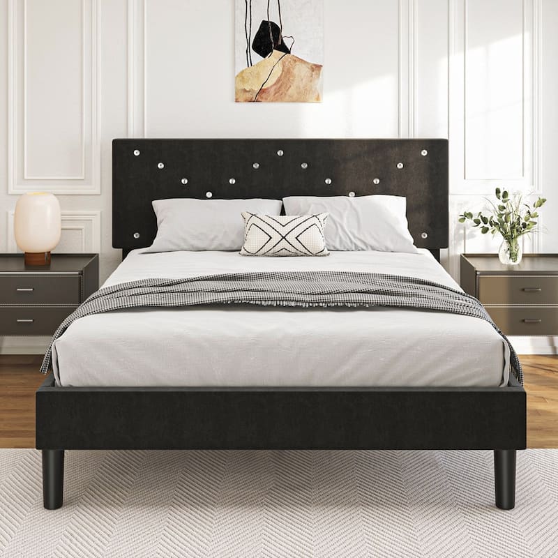 Modern Platform Bed Frame with Upholstered Headboard - Queen