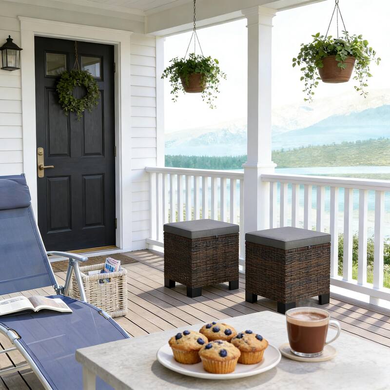 GDFStudio - Miles Versatile Wicker Ottoman Cubes for Outdoor Seating and Flexible Use Set of 2