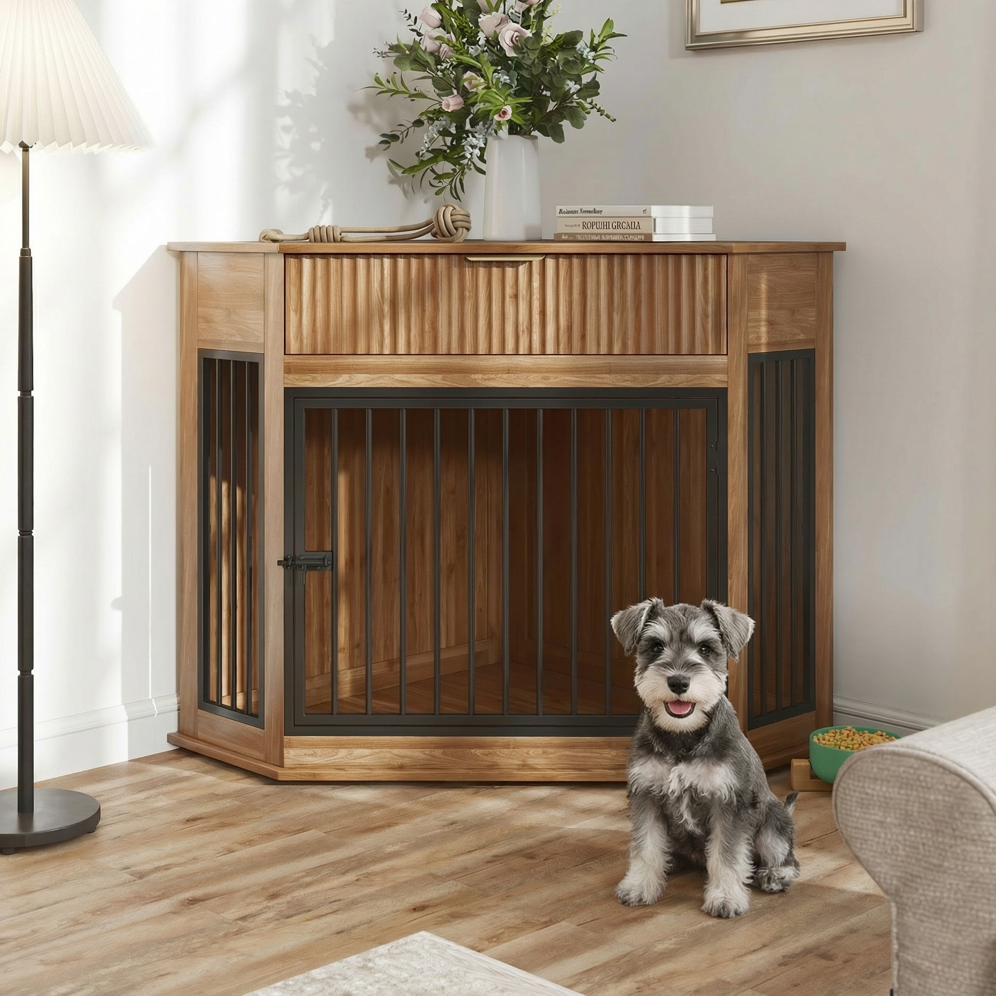 44.6'' Corner MDF Dog Crate Furniture for Small/Medium Dogs, Decorative Dog Kennel End Table with Fluted Drawer Storage