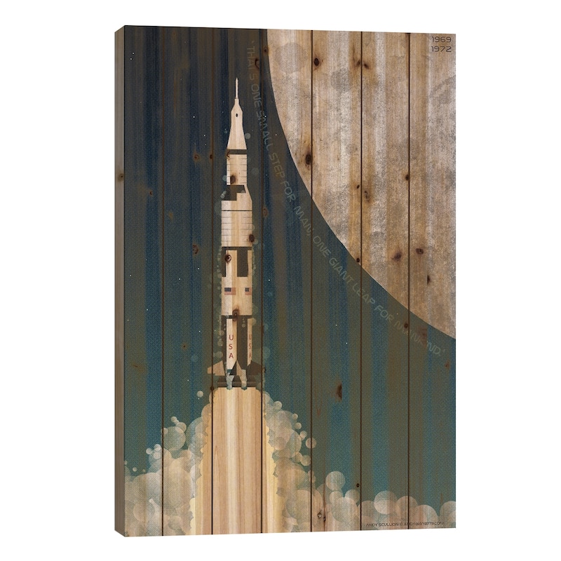 Nasa Space Rocket Apollo Saturn V Print On Wood by WyattDesign - Multi-Color - 26x18x1.5