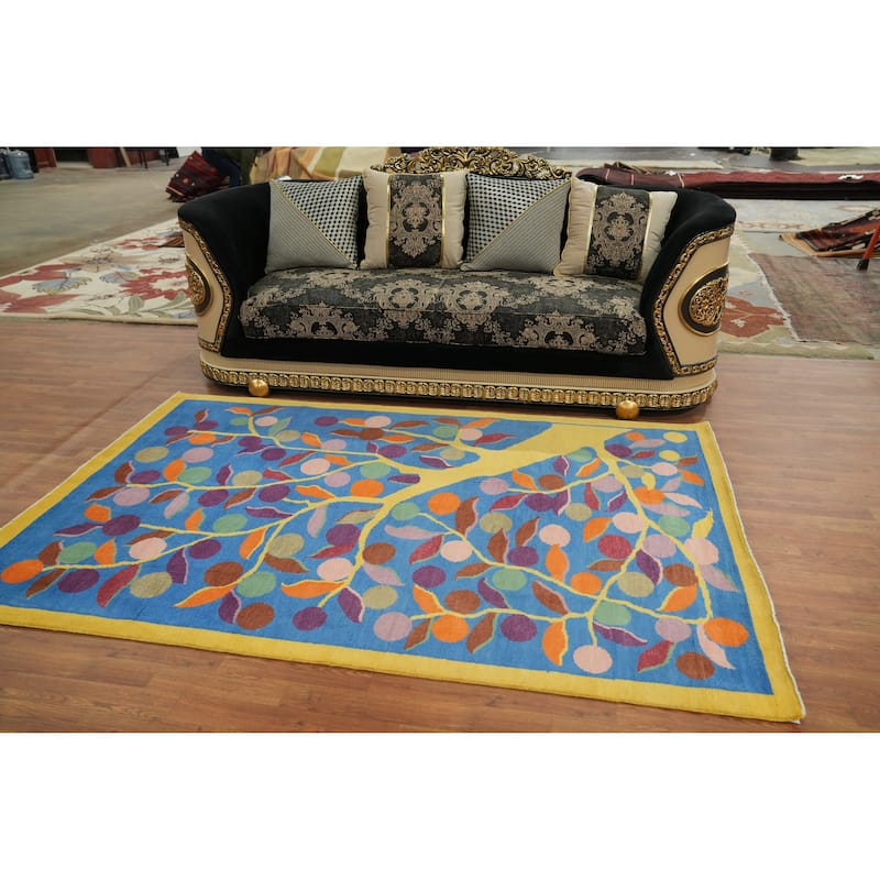 Hand Knotted Oriental 100% Wool Carpet Traditional Floral Navy Blue & Blues Art Deco Area Rug - 8' 0'' X 5' 3''