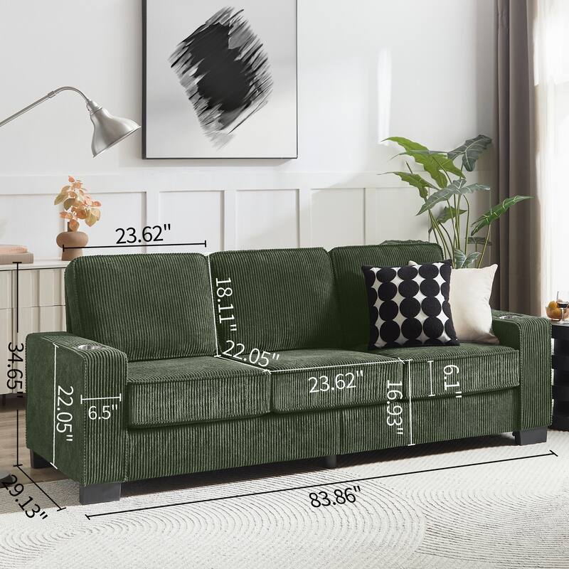 83.86"Corduroy Fabric sofa,Modern Compressed Couch,3-Seater Sofa