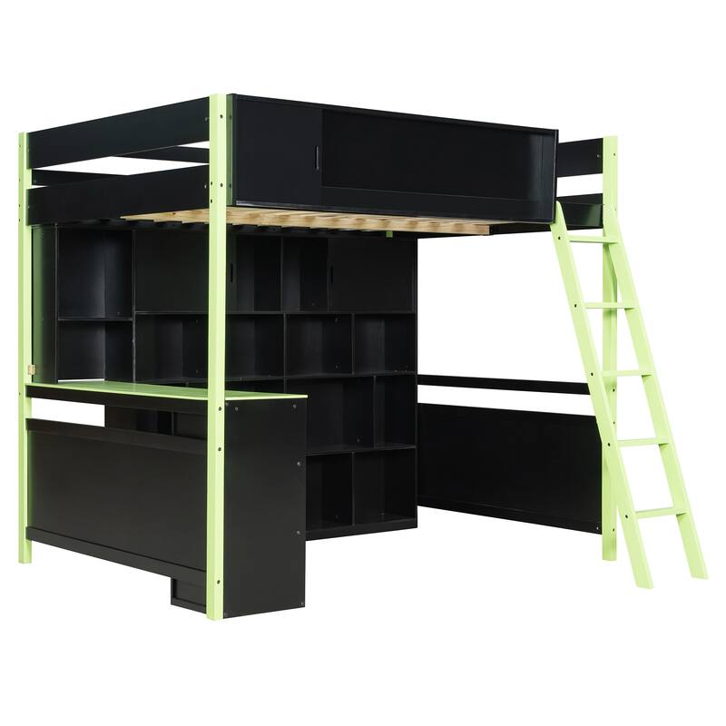 RGB Gaming Loft Bed with Desk, Light Strip, Display Wall, Storage Shelves, Sliding Access Door and Drawers, No Box Spring Needed