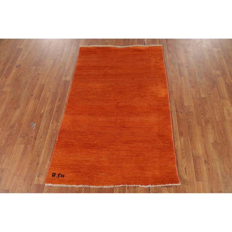 Orange Modern Gabbeh Foyer Rug Solid Hand-Knotted Wool Carpet - 3'1" x 4'11"