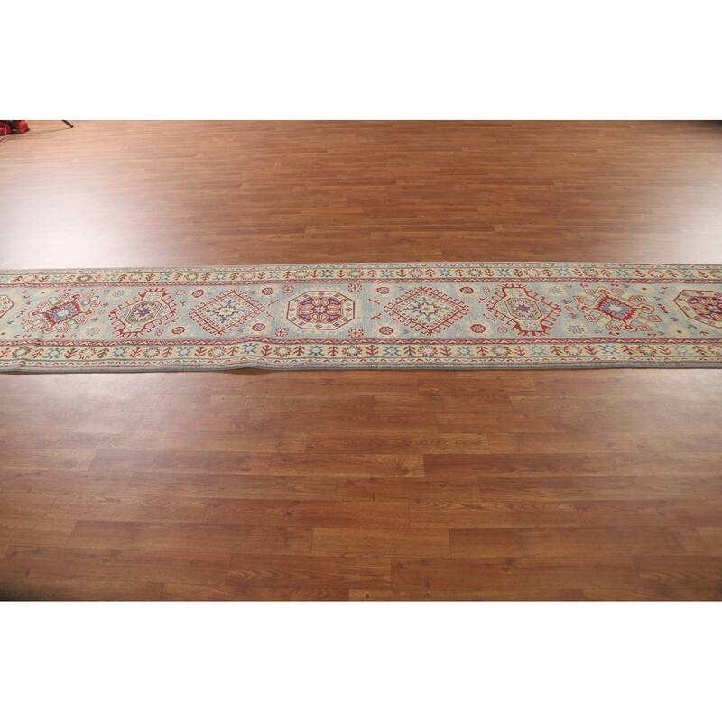 Light Blue Kazak Runner Rug Handmade Oriental Wool Carpet - 2'6" x 15'0"