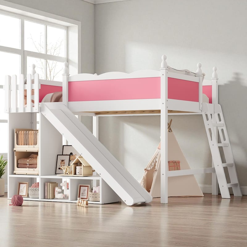 Full/Queen Loft Bed with Storage Shelves, Cabinet & Detachable Slide, Solid Wood Loft Bed with Ladders, No Box Spring