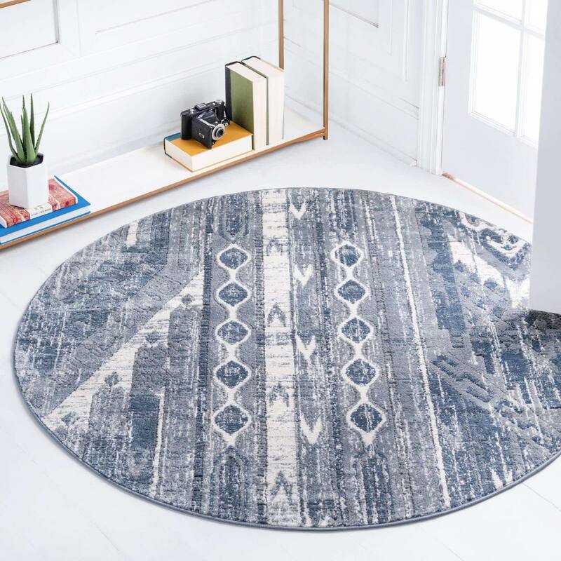 Transitional Wedo Collection Area Rug - 3'3" Round - Blue