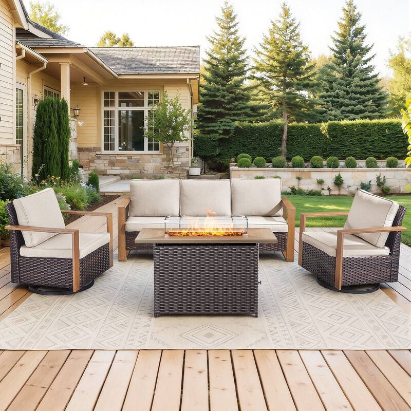 Meyreso Wicker Outdoor Patio Fire Pit Set with Swivel Gliders & 4.5" Olefin Cushions