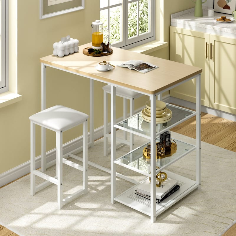 Javlergo 3-Piece Dining Table Set with 2 Backless PU Padded Chairs Space Saving Design Pub Set White/Oak & Black/Marble Options