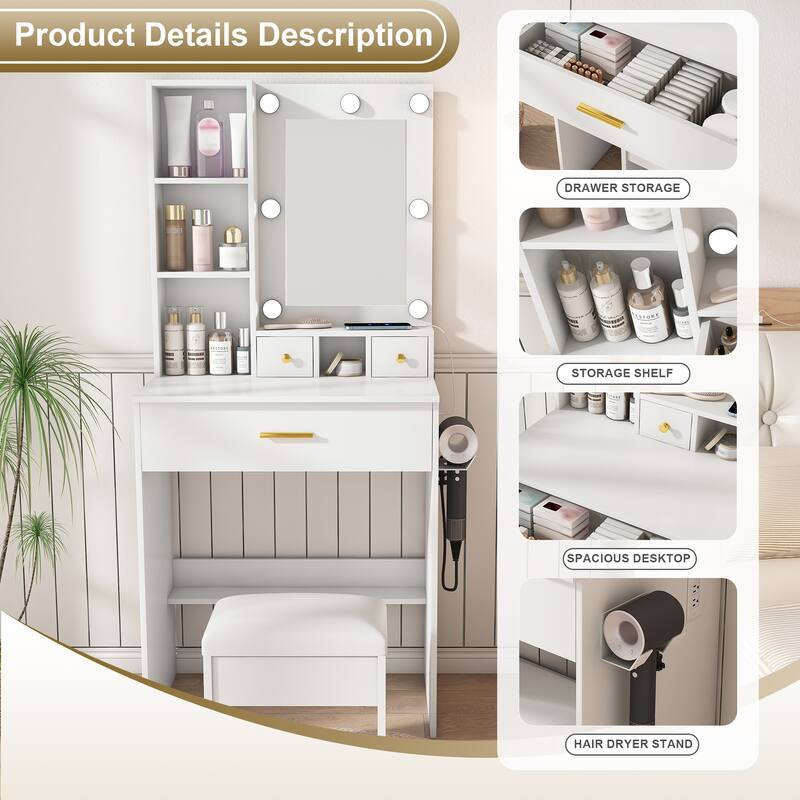 Small Vanity Desk with LED Mirror, Charging Station, Hairdryer Holder & Storage Drawers, Makeup Table with Stool