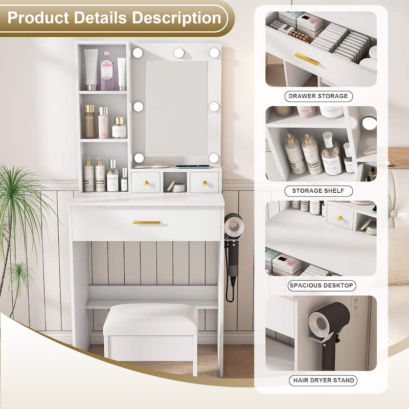 Vanity Desk with Mirror & LED Lights, Makeup Table with Power Outlet, Hairdryer Holder & Stool, Compact Dressing Table Set