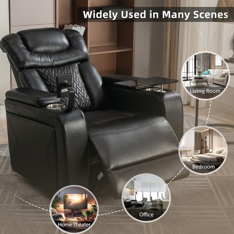 Degree Swivel PU Leather Power Recliner Individual Seat Home Theater Recliner with Tray Table,Cup Holder,Hidden Arm Storage