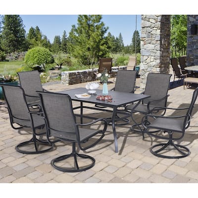 7-Piece Patio Dining Set, 6 Sling Dining Swivel Chairs and Metal Frame Slat Rectangular Table with 1.57" Umbrella Hole