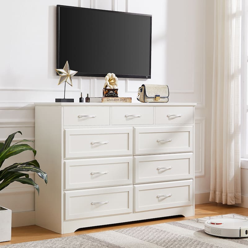 9 Drawer Long Dresser With Antique Handles