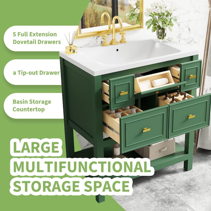 MDF Bathroom Vanity with Free Standing Single Vanity Set with 5 Drawers - 30" x 18" x 33"