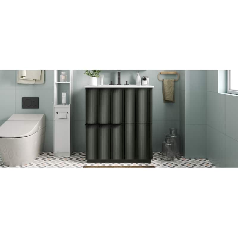 Bathroom Vanity with Ceramic Sink, Freestanding Wooden Bathroom Vanity, Bathroom Cabinet with Full-Extension Drawers