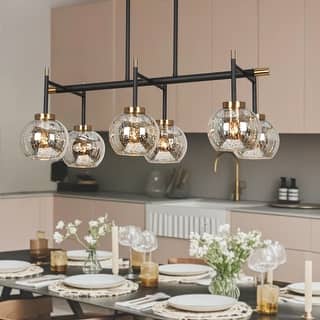 Modern Farmhouse 6-Light Black Gold Linear Chandelier Island Lights with Mercury Glass - 27.5" L x 14.5" W x 10" H