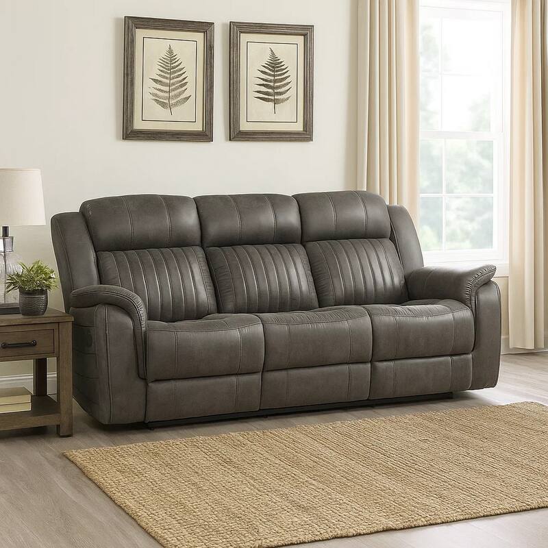 Bento 84 Inch Dual Manual Recliner Sofa, Brownish Gray Polished Microfiber