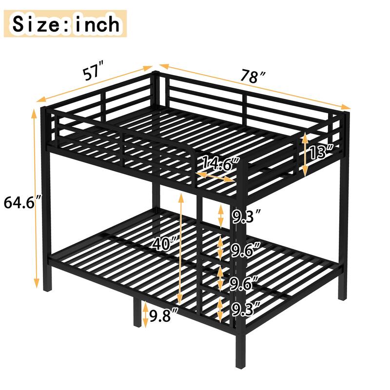 Metal Bunk Bed Frame with Safety Guardrail, Heavy Duty Metal Slat Support, Noise Free
