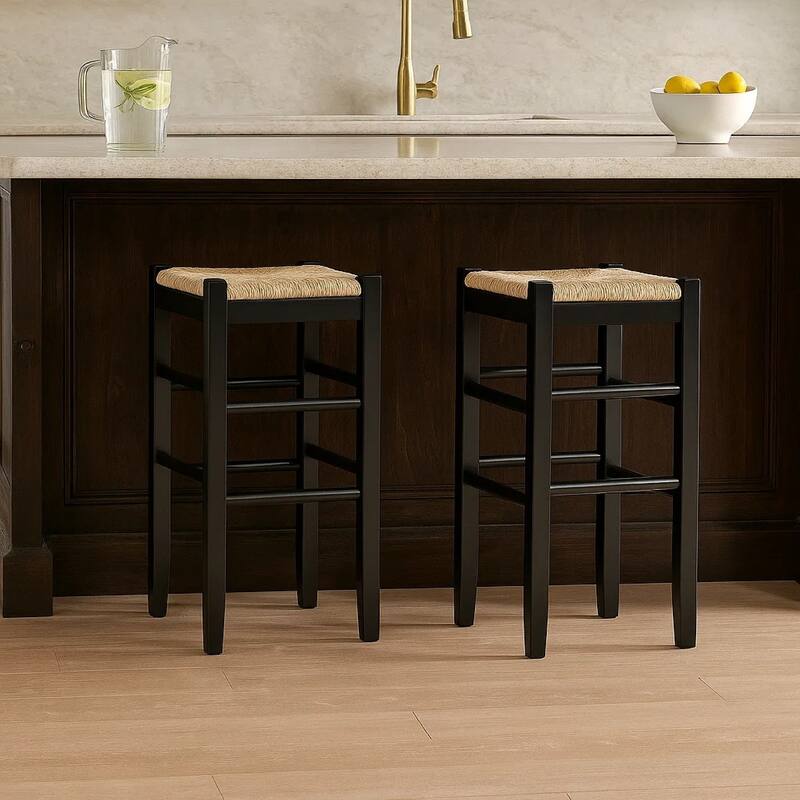 Anya Bar Height Stool, Woven Seagrass Seat, 30 Inch, Black Wood Frame