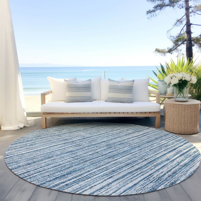 Machine Washable Indoor/ Outdoor Chantille Contemporary Stripes Rug - Blue - 8' x 8'