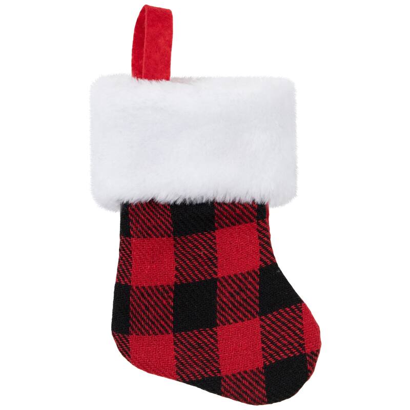 7" Red and Black Plaid Print Christmas Stocking with Faux Fur Cuff