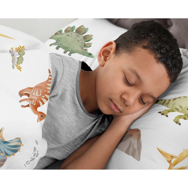 Sweet Jojo Designs Watercolor Dinosaur Dino Boy 3pc Full/Queen Comforter Set Green Blue White Modern Jurassic Nature Animal Tan