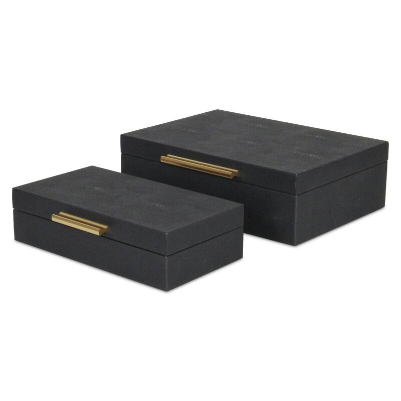 Set of 2 Black Rectangular Faux Shagreen Decorative Box with Handles 11.75"