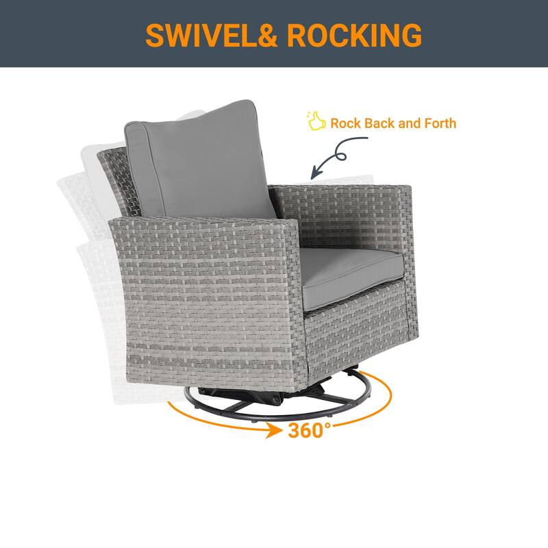 LIVOOSUN 3-Piece Patio Sofa Set Outdoor Rattan Swivel Rocking Chair Glass Table