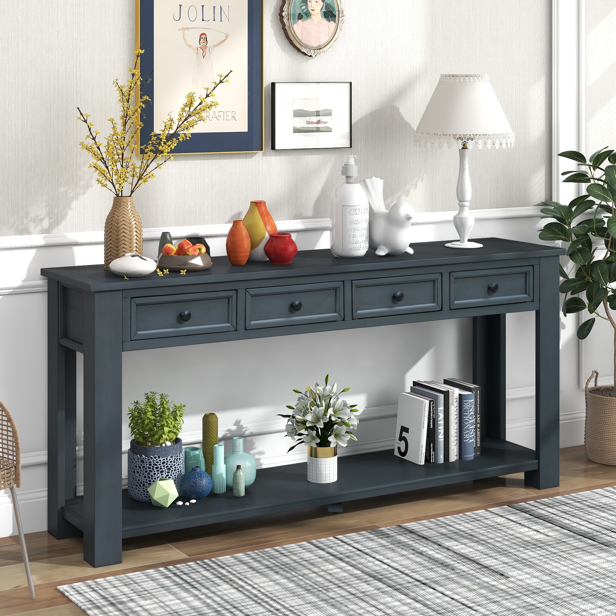 Console Table/Sofa Table with 4 Storage Drawers and Bottom Shelf