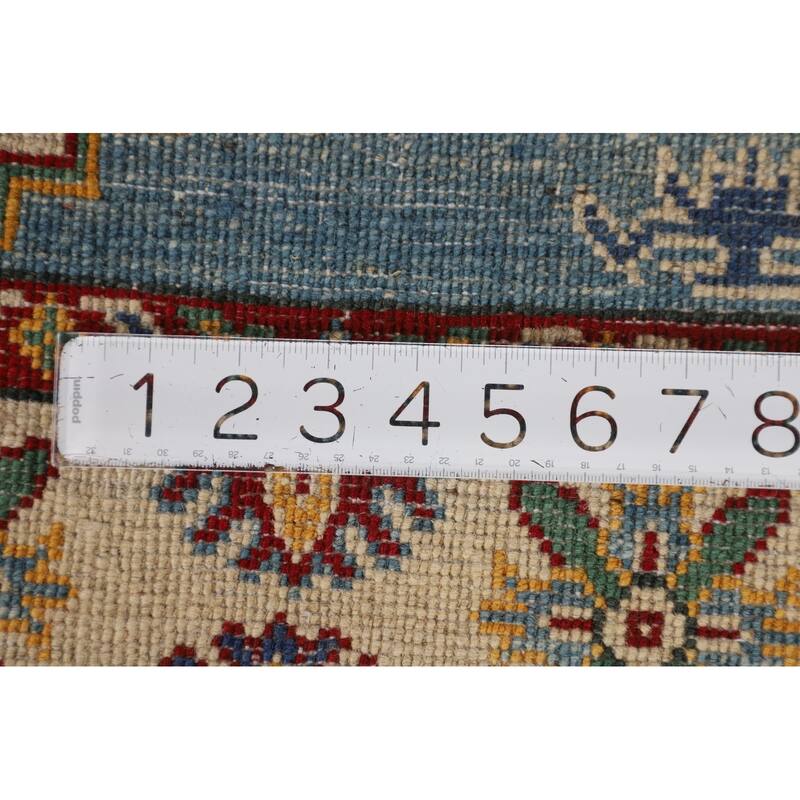 Light Blue Geometric Kazak Accent Rug Handmade Wool Carpet - 3'4" x 4'9"