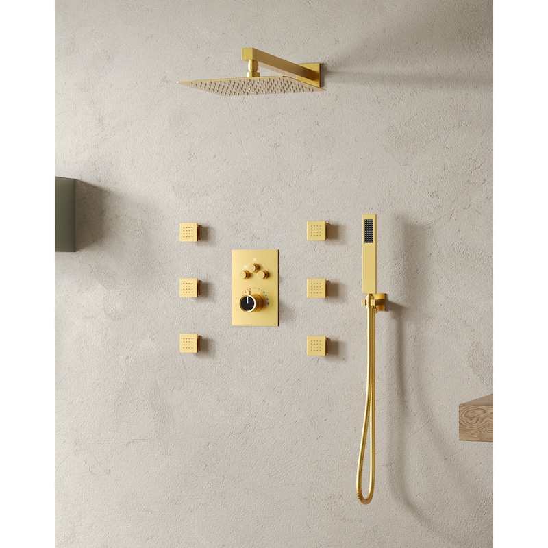 Thermostatic Shower System 12" Rain Shower Head with High Pressure Handheld Spray