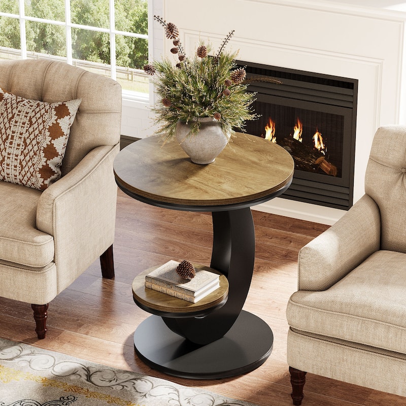 Round End Table, 2 Tiers Side Table with Storage Shelf