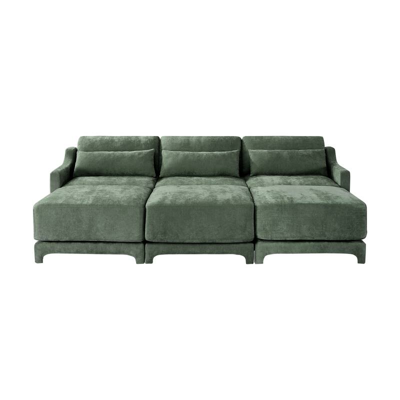 Modern Chenille 4-Seater Sofa with 2 Ottoman, Lumbar Cushions, Ergonomic Backrest, High-Resilience Spongeand Tufted Armrests