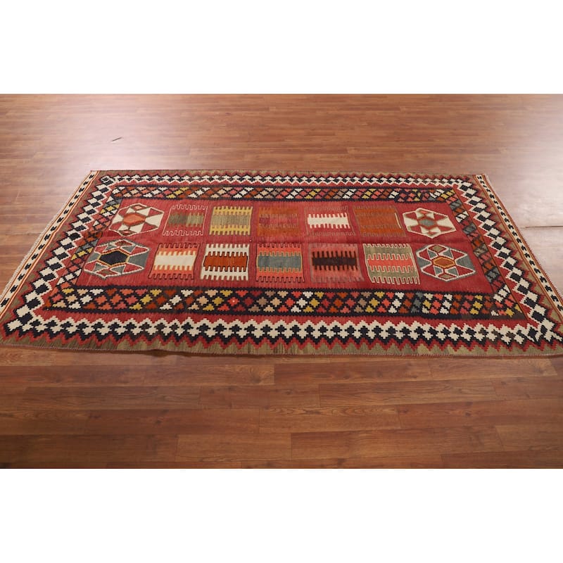 Kilim Qashqai Persian Vintage Rug Hand-Woven Red Tribal Wool Carpet - 5'5"x 9'9"